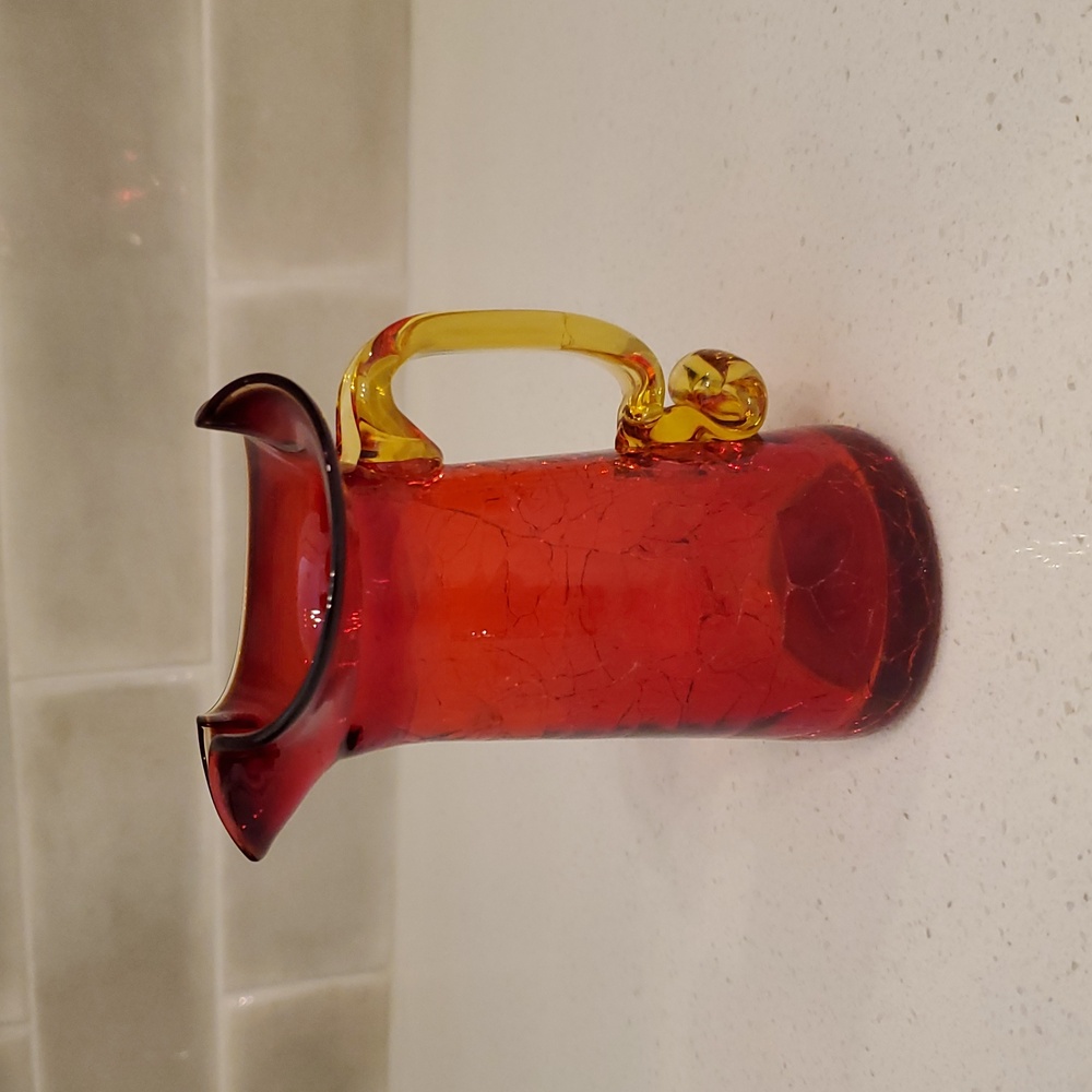 Vintage Amberina Red Crackled Glass Mini Pitcher with Yellow Handle